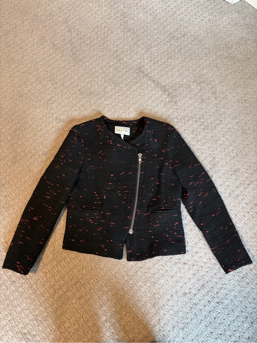 Sandro Black Zip-Front Jacket with Red Fleck